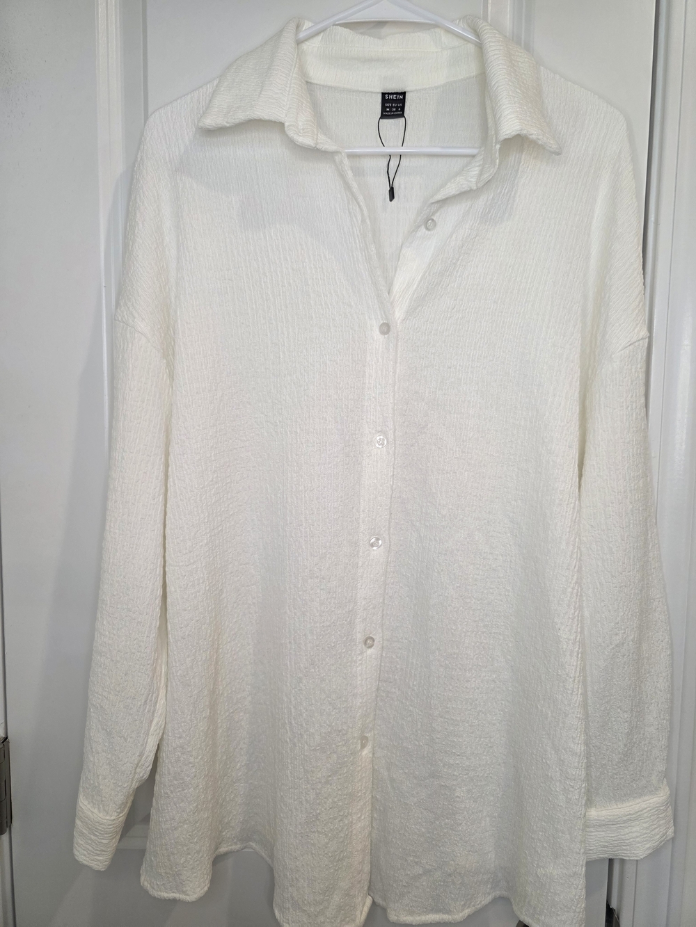 Shein White Textured Long Sleeve Oversized Button-Down Shirt